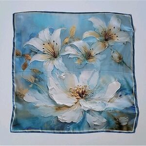 Silk Chiffon Square Scarf 20" Lily Print Hand Rolled Stitched Edge Chic Elegant